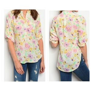 5 ⭐floral pastel chiffon mock collar button down roll tab sleeve curved hem top